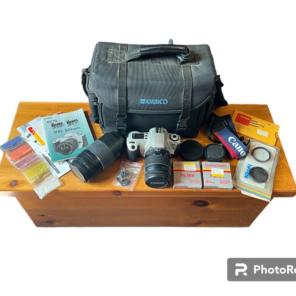 Canon EOS Rebel 2000 35mm SLR Film Camera, 2 Lenses/Filters/Strap/Camera Bag